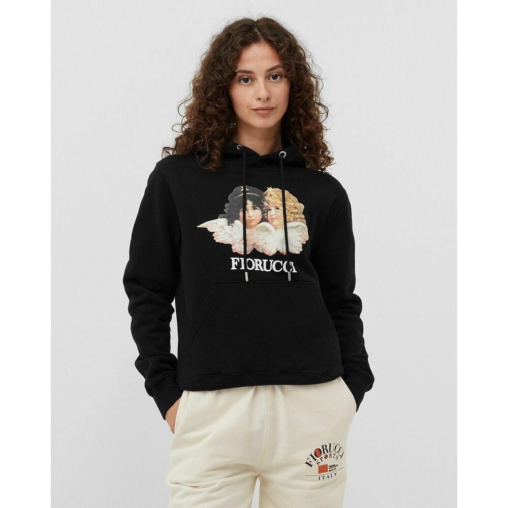 Fiorucci Vintage Angels Hoodie Women’s L Black Pullover Romantic Streetwear